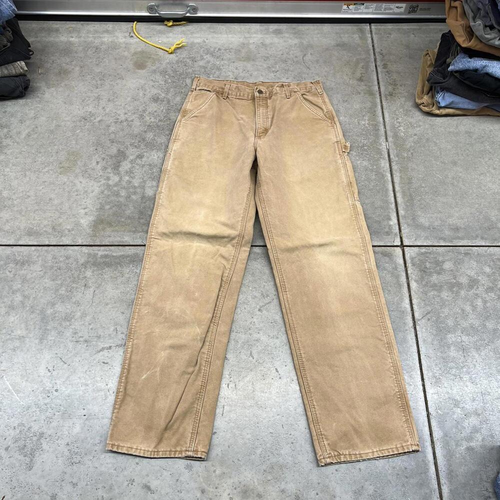 vintage carhartt sun faded tan relaxed baggy flannel lined dungaree cargo pants - Picture 2 of 4